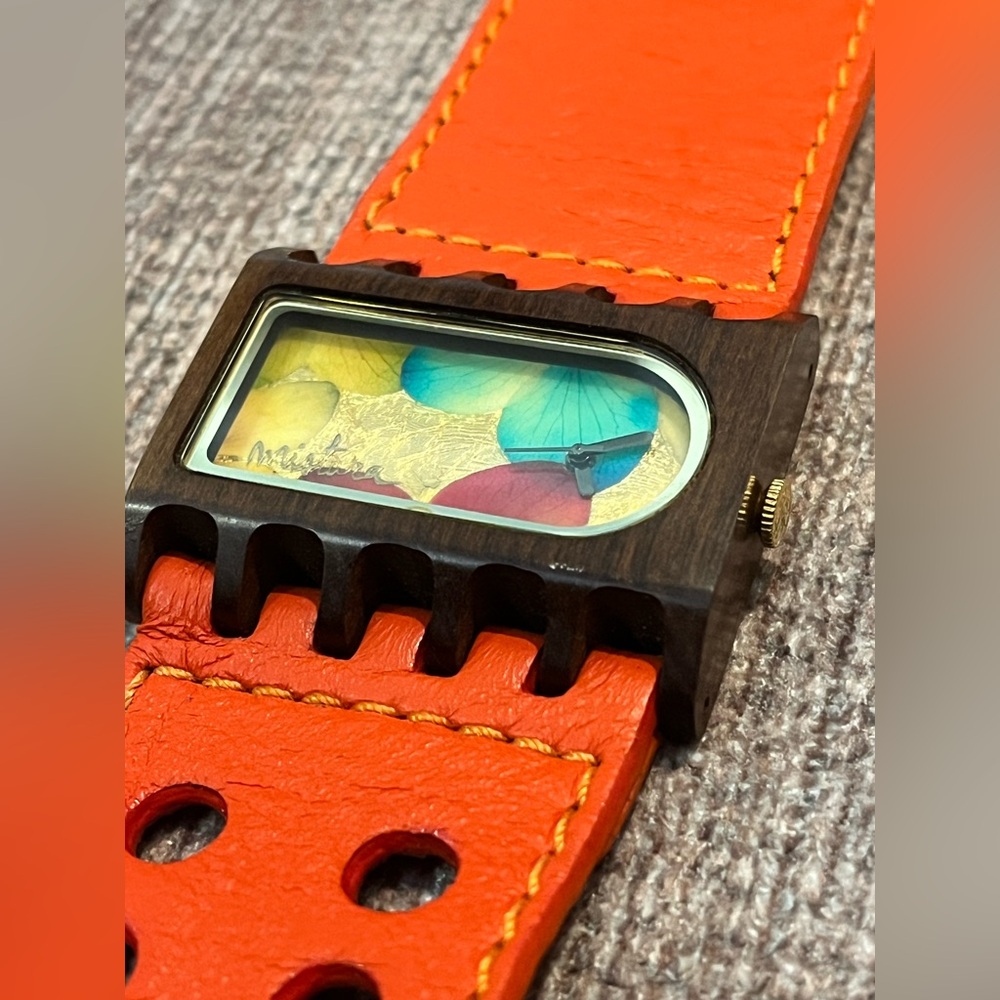 Mistura Wooden Watch – Orange Leather Strap w Japanese quartz (needs battery)
